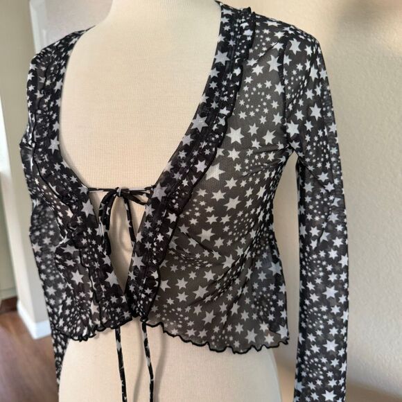 Free People Star Print Tie Front Sheer Long Sleeve Marne Top Black White Size XS - Picture 9 of 16